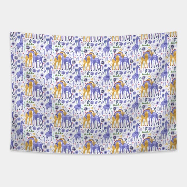 Whimsical Giraffes Purple and Yellow Tapestry by FabulouslyFestive