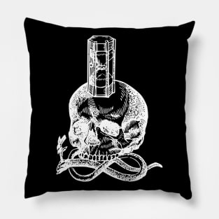 Memento Mori - Skull and Hourglass White on Black Pillow