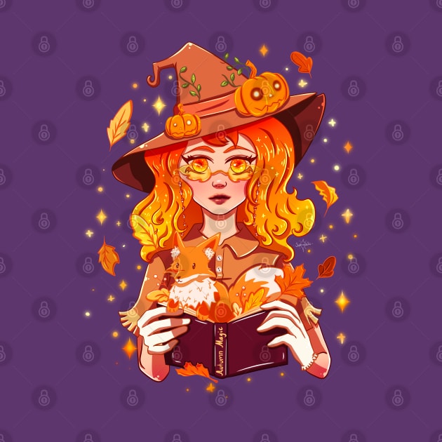 Fall Autumn Magic Witch with Fox and Falling Leaves by SupernovaAda
