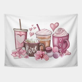 Coffee Valentine, Valentines Day, Hand Drawn, Valentine, Coffee Lover, Pink Coffee cups Tapestry