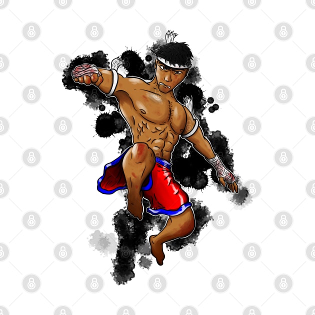 Muay Thai Fighter with black ink splats by YijArt