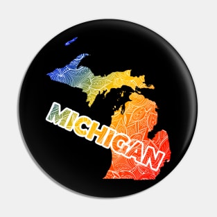 Colorful mandala art map of Michigan with text in blue, yellow, and red Pin