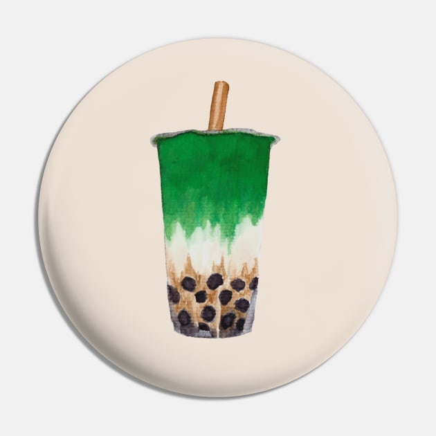 Matcha Bubble Tea Watercolour Design Pin by toffany's