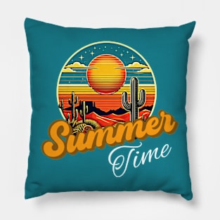 Summer time, sunset retro and cactus design for dark colors Pillow