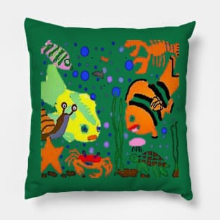 Marine Life illustration on Red Green Background Pillow