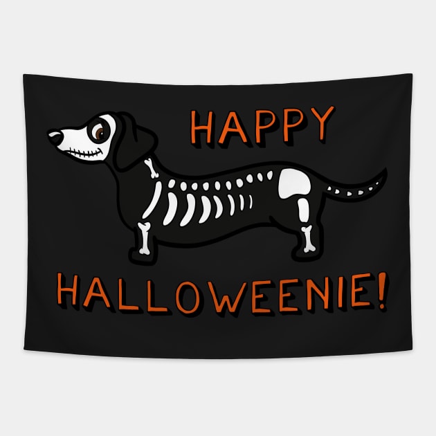 Happy Halloweenie Dachshund Skeleton Tapestry by rmcbuckeye