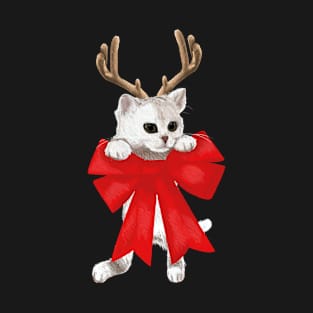 Pet Owners Christmas Cat Reindeer Antlers For Men Women Boys White Cat With Christmas Bow T-Shirt