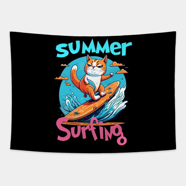 Cat Surfing Funny Tapestry by T-shirt US