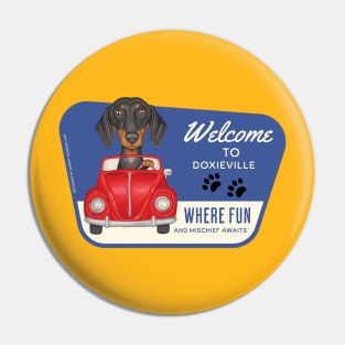 Cute Dachshund driving red car to Doxieville, USA Pin