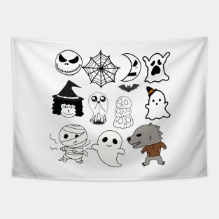 cute Halloween character, witches, ghosts, spiders, bats, werewolves, skulls, moon Tapestry