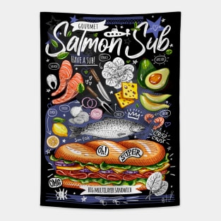 Big yummy seafood sandwich, salmon, avocado, lemon, cheese Tapestry