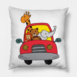 Cute animals in car on road. Pillow