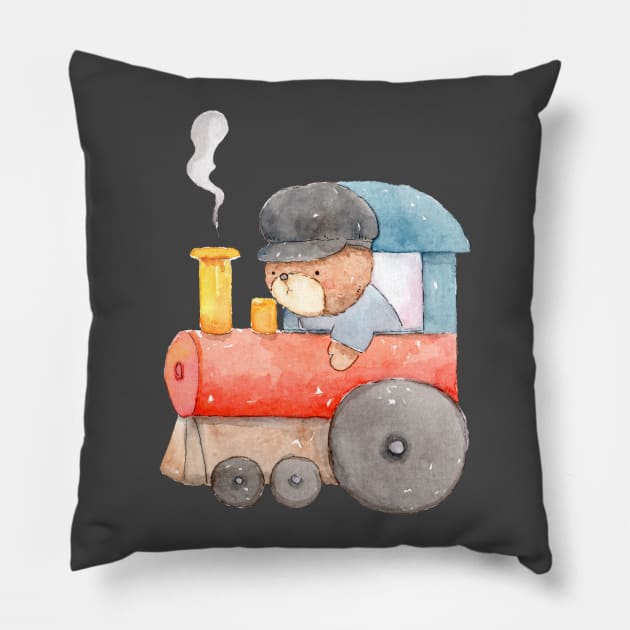 Bear Riding Train Watercolor for Kids Pillow by LaarniGallery