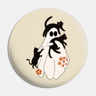 Retro Vintage Cute Flowers Spooky Ghost With Black Cats Halloween Pin