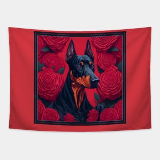 Dogs, doberman and flowers, dog, seamless print, style vector (red version 2 doberman) Tapestry