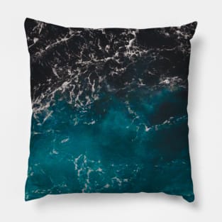Wavy foamy blue black ombre sea water Aerial photo ocean splash wave abstract aqua summer Pillow