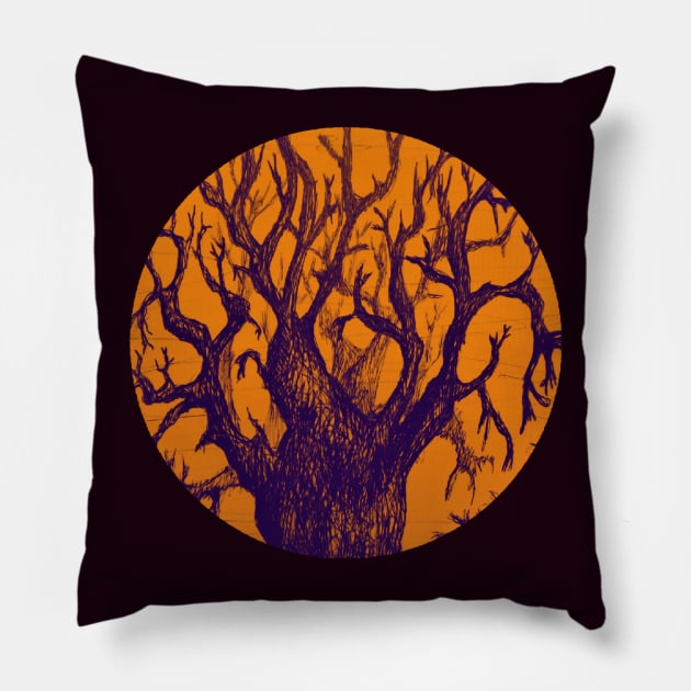 Baobab Tree In The Mist - Orange and Violet Sketch Drawing Pillow by Tony Cisse Art Originals