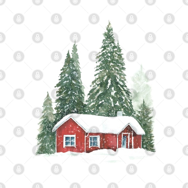 Christmas winter trees with red house. by InnaPatiutko