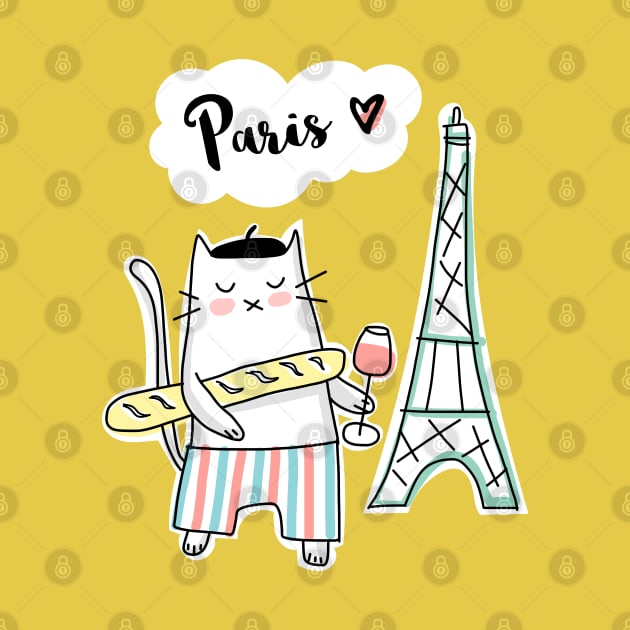 Paris Love - French Cat and Eiffel Tower by HappyCatPrints