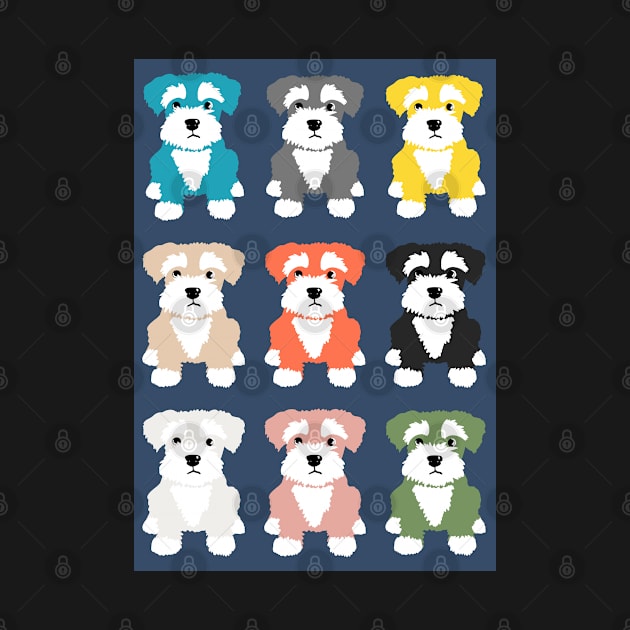 Rainbow of Miniature Schnauzer Dogs on Dark Blue Background by NattyDesigns