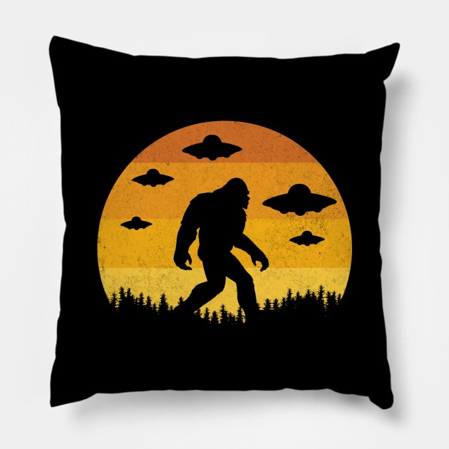 Bigfoot UFO Retro Sunset Vintage Tree Graphic Pillow by Bluebird Moon