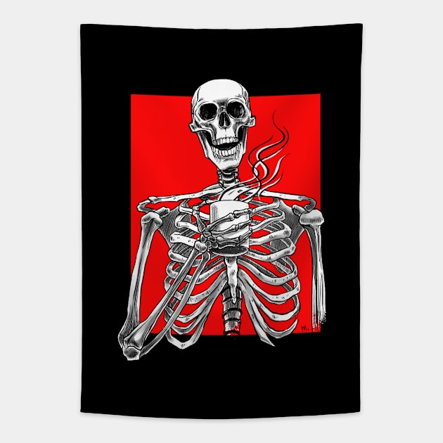 Halloween skeleton drinking coffee red Tapestry by OccultOmaStore