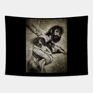 Grunge Caveman Carries Woman Tapestry