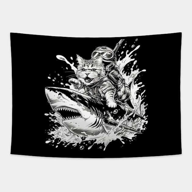 Meow-tastic Safari Riding Sharks Tapestry by BilodeauBlue