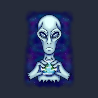 Grey Alien with Earth T-Shirt