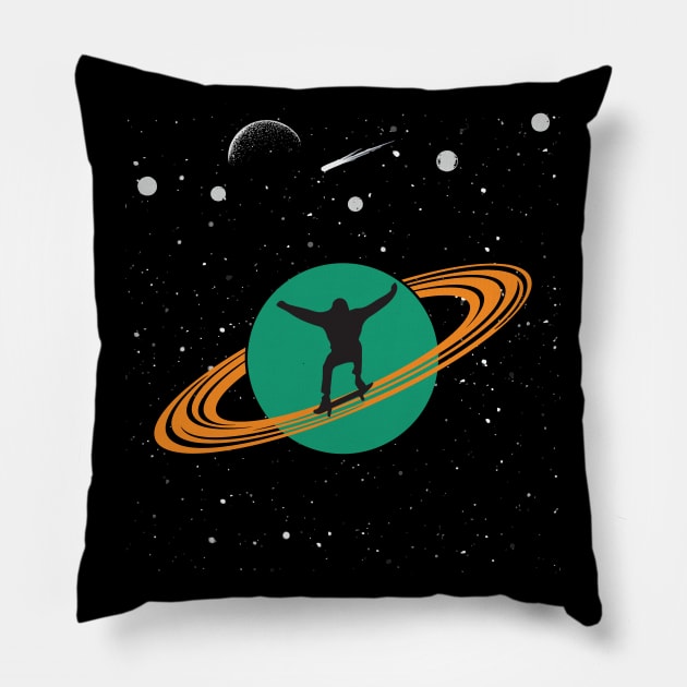 Skateboarder In Saturn Solar System Retro Vintage Space Skateboarding Pillow by mrsmitful01