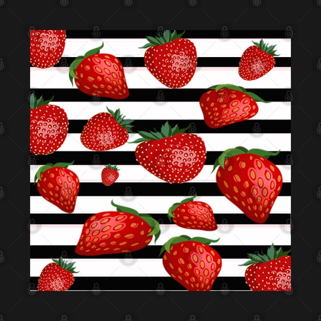 Happy Strawberry Design, Black & White Stripes & Strawberries by tamdevo1