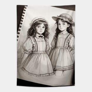 Pencil drawing. Portrait of twin girls Tapestry