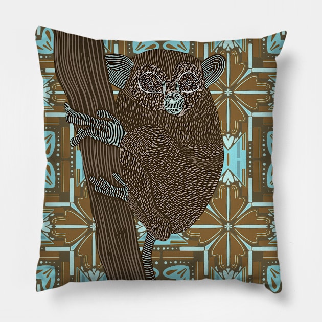 Cute Tarsier on a Brown and Blue Modern Hearts Pattern Pillow by Suneldesigns