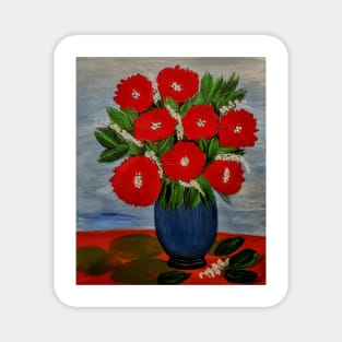 red poppies mixed with white flowers In a blue vase Magnet