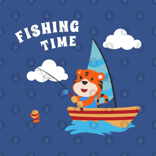 Vector cartoon illustration of cute tiger fishing on sailboat with cartoon style. by KIDS APPAREL