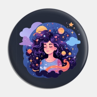 Woman with sweet dreams concept Young girl with galaxy and universe at hairs Pin