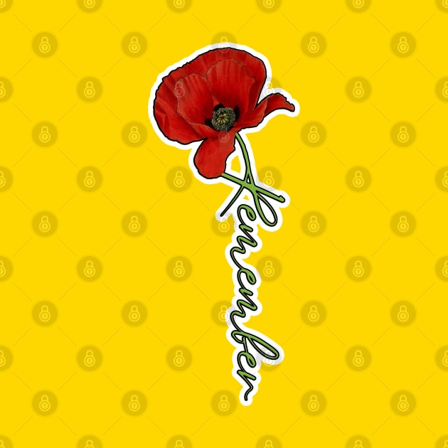 Red Poppy Flower with Memorial Text Stem Horizontal Back Version (MD23Mrl007c) by Maikell Designs