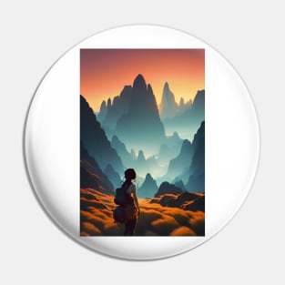 A Girl in Mountain Range at Sunset Anime Landscape Pin