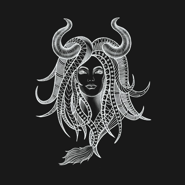 Confident Taurus Woman with Horns and Geometrical Tattoo Design by Tred85
