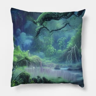 Digital Painting Scene Of a Lake In A jungle with a Dream Style, Nature Pillow