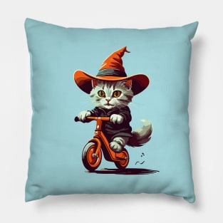 cat riding bicycle Pillow