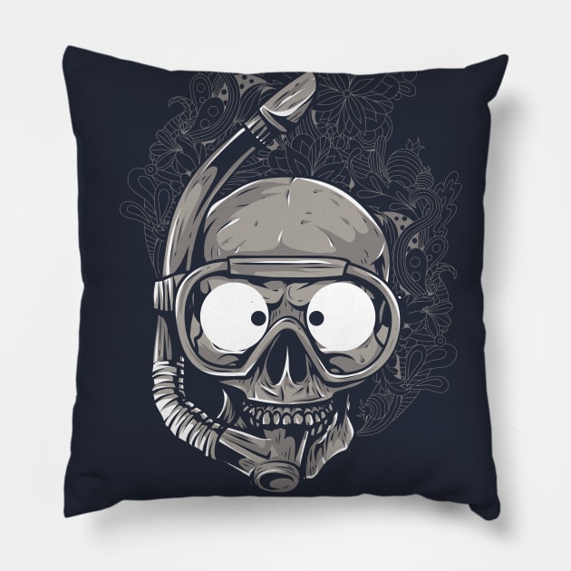 Skull in Scuba Mask Pillow by NiceIO