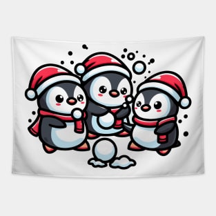 Adorable Cute Penguin Santa Hat Winter Snowball Fight Tapestry