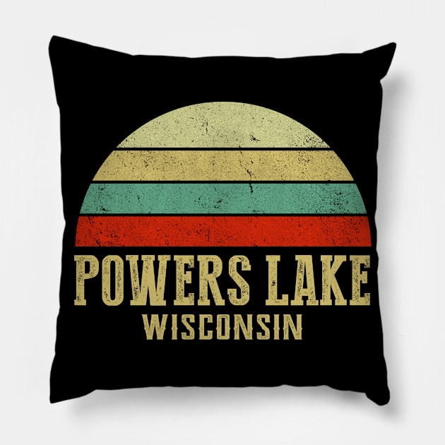 Powers Lake Wisconsin Vintage Retro Sunset Pillow by Curry G