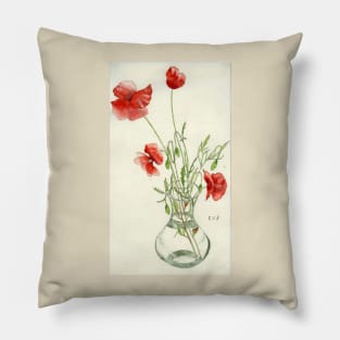 Red Poppies in Vase watercolour painting Pillow