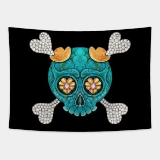 Cute skull and crossbones set with diamond pink sapphire rose gold and turquoise. Tapestry