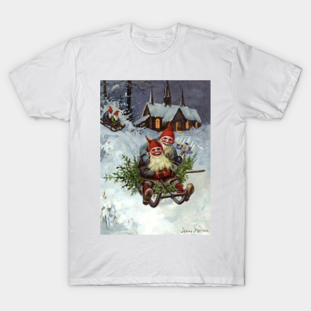 Discover “Gathering Pine Boughs” by Jenny Nystrom - Christmas Pine Bough Elves Sled Xmas - T-Shirt