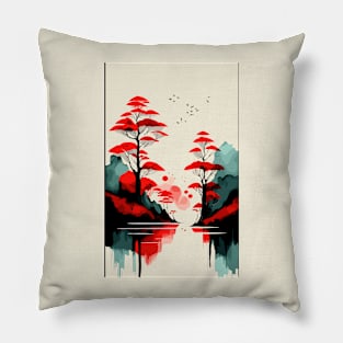 Abstract Watercolor Painting  Rising Sun Bamboo Print Pillow