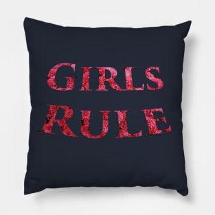 Girls Rule in Pink Flowers - Girl Power Word Art in a Navy Background Pillow