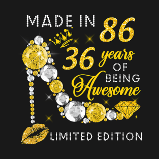 Made In 1986 Limited Edition 36 Years Of Being Awesome Jewelry Gold Sparkle T-Shirt